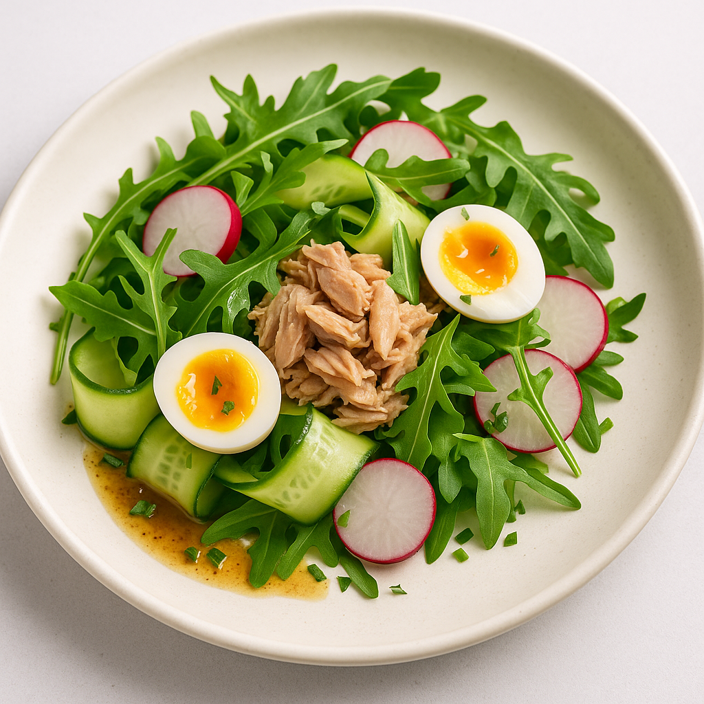 Kurgi, redise, rukola, tuunikala ja vutimuna salat