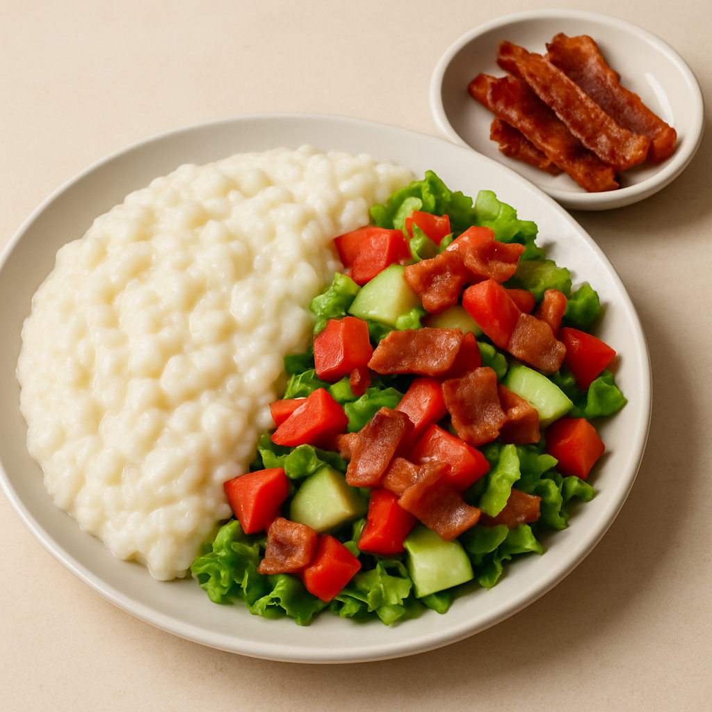 Riisihelbepuder ja peekonisalat