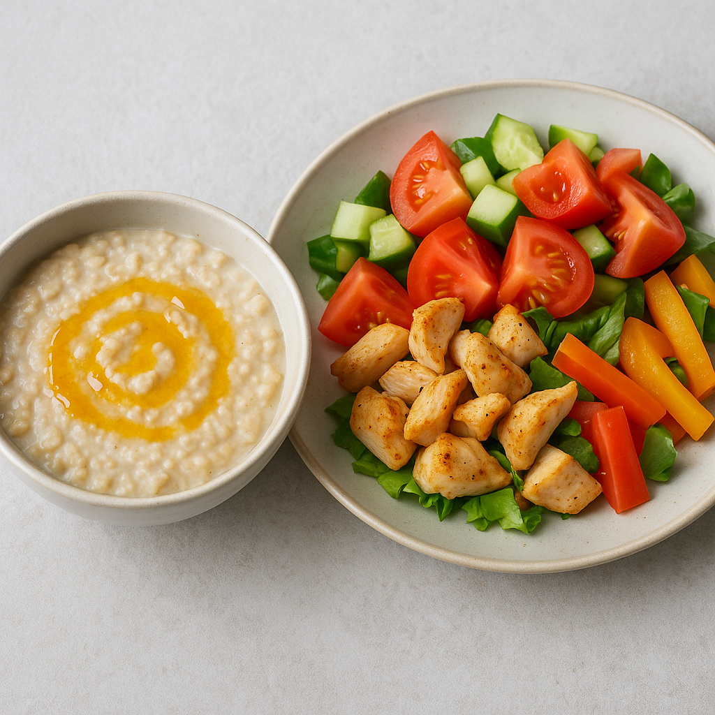 Kaerahelbepuder mee ja kanasalatiga