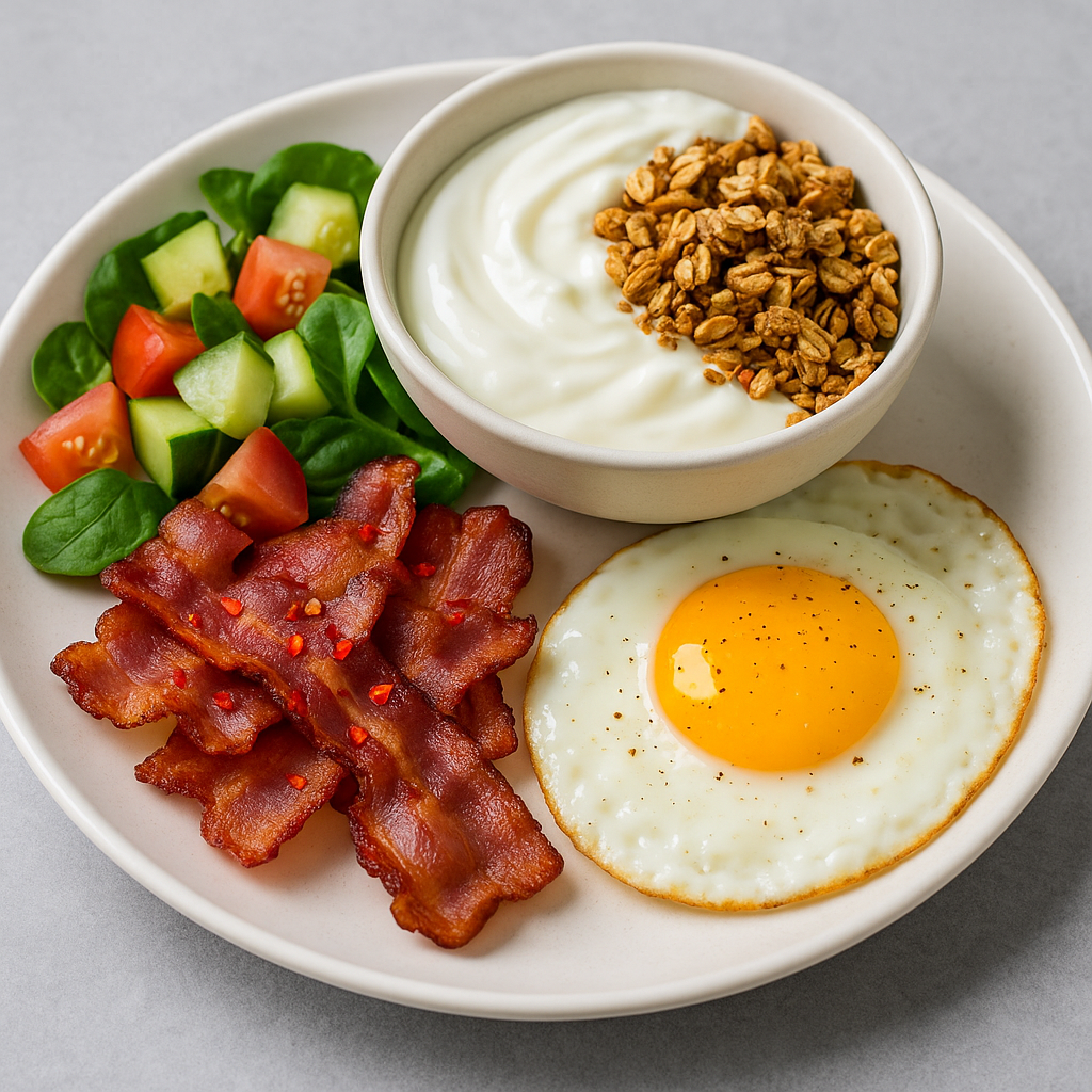 Vürtsikas peekonisalat munaga ja müsli