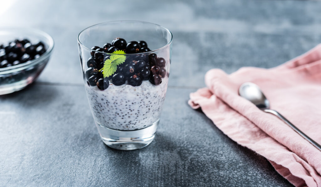 Keefiri-chiadessert mustsõstardega