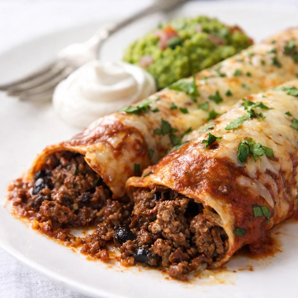 Beef enchilada guacamole ja hapukoorega