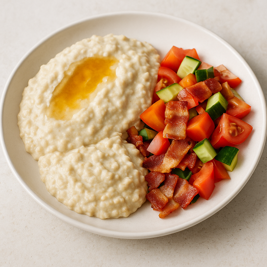 Kaerahelbepuder mee ja peekonisalatiga