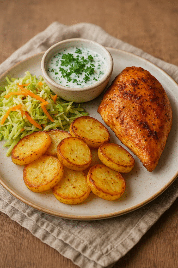 Ahjukana ja ahjukartulid külma ürdikastmega