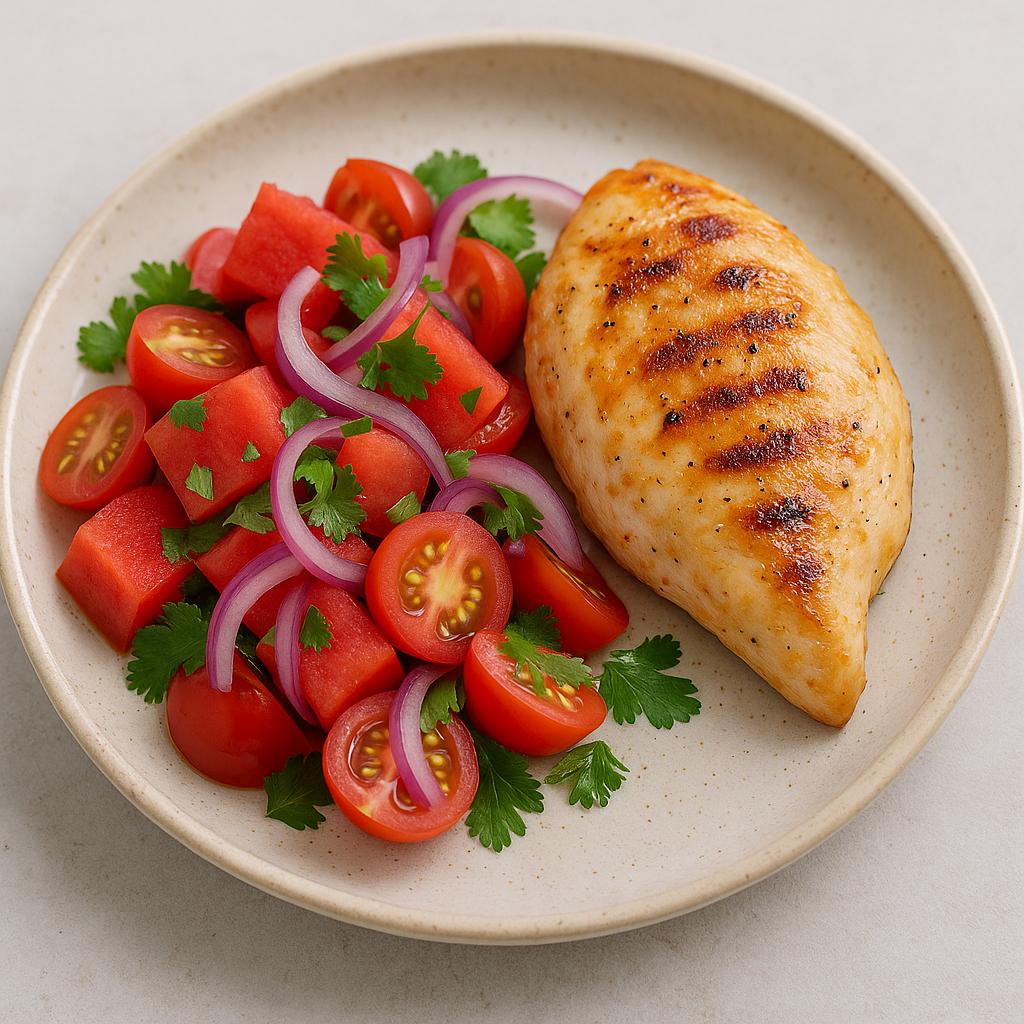 Arbuusi-tomatisalat terava kanaga