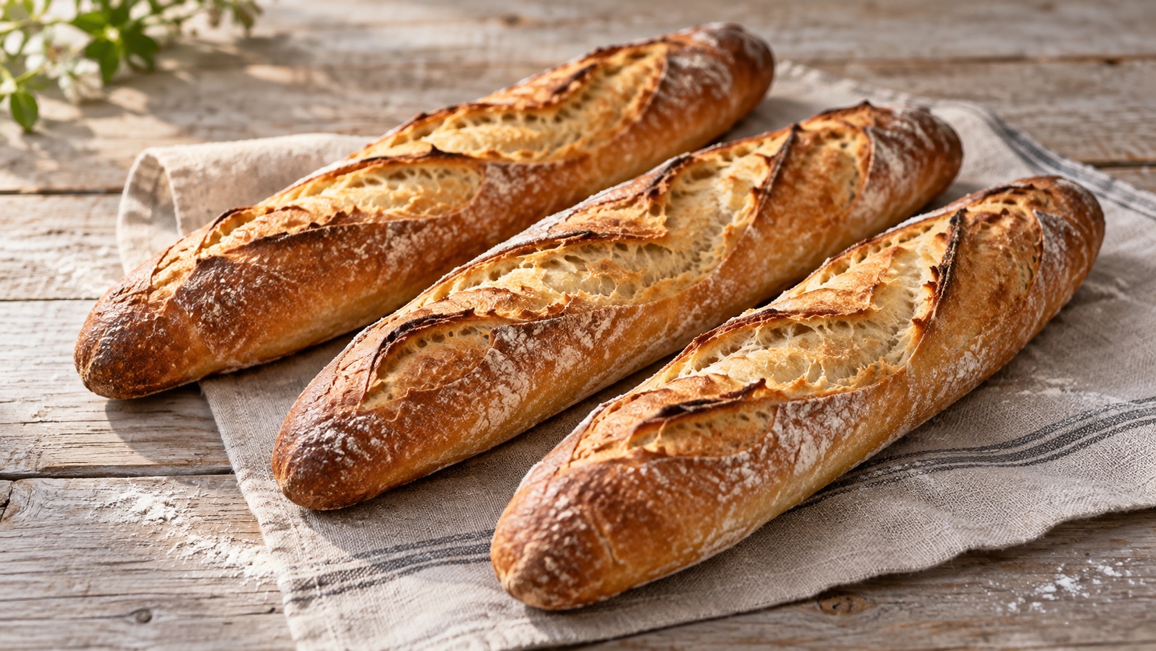 Kolm kuldpruuni krõbeda koorikuga prantsuse baguette’i heledal puidust laual.